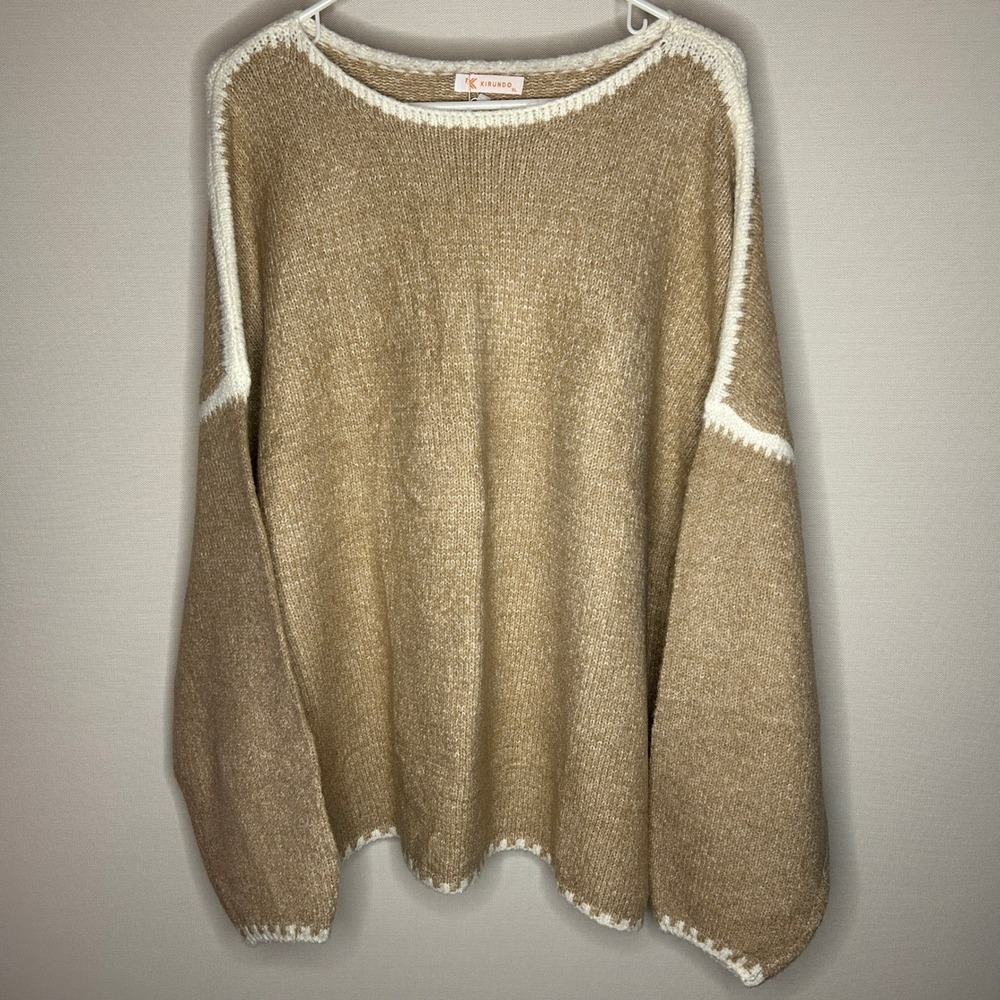 KIRUNDO Oversized Knit Sweater XL Tan White Contrast NWT Minimal‎ Neutral Fall